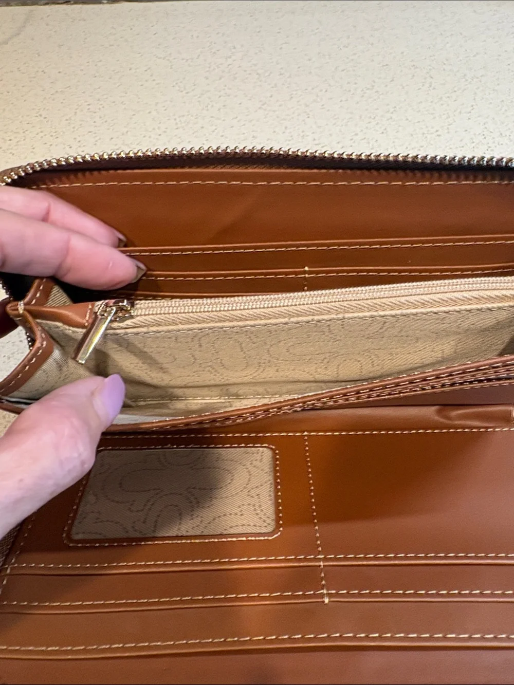 True Religion NWT Dark Denim & Tan Leather Large Wallet/Wristlet MSRP $48 - Picture 7 of 7